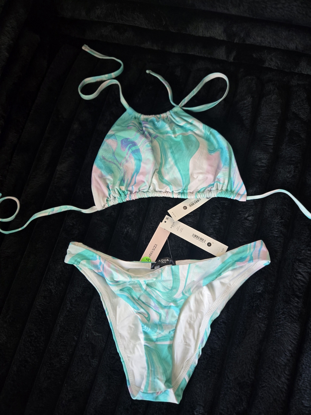 Aqua Marble-Print Bikini Bottoms in Teal & Pastel Pink